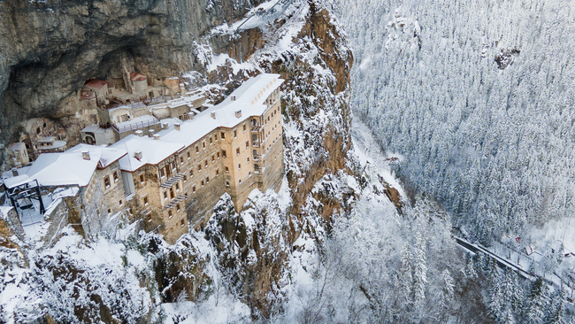 Sumela Monastery and surroundings turn white after snowfall in Turkiye's Trabzon