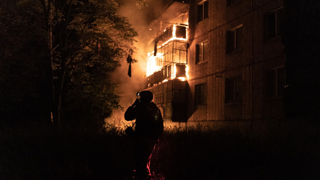 Ukrainian firefighters battle blaze after Russian drone strike in Druzhkivka
